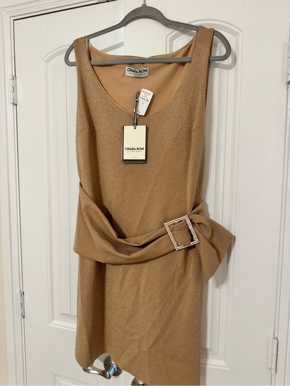 Chiara Boni Metallic Gold Belted Sleeveless Mini Dress